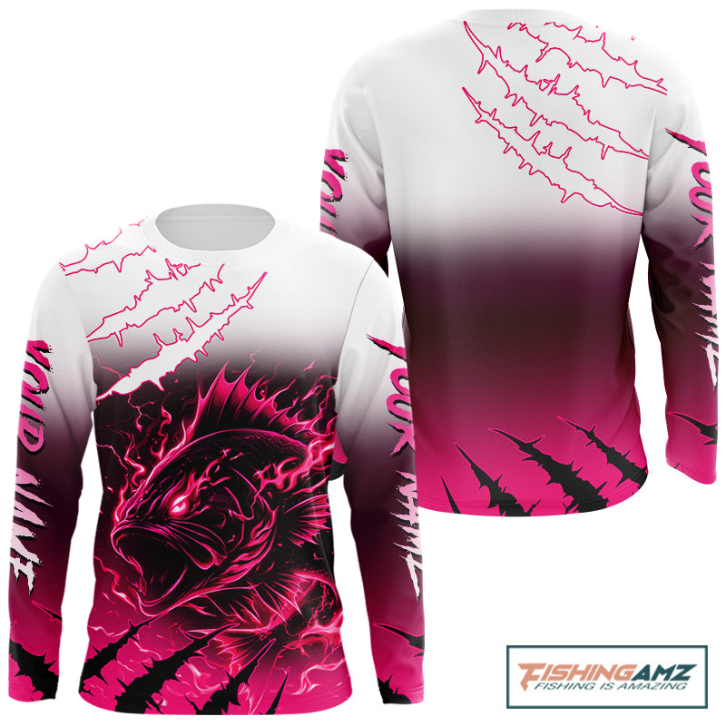 Largemouth Bass Long Sleeve Fishing Shirts Pink Angry Fish, Bass Fishing Shirts NBT387