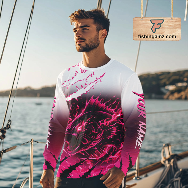 Largemouth Bass Long Sleeve Fishing Shirts Pink Angry Fish, Bass Fishing Shirts NBT387