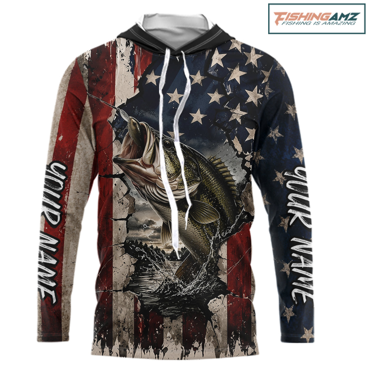 Bass Fishing 3D American Flag Patriotic Shirts Customize Hooded Bass Fishing Jerseys, Sun Protection Shirts NBT939