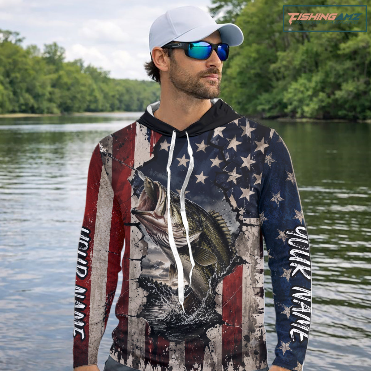 Bass Fishing 3D American Flag Patriotic Shirts Customize Hooded Bass Fishing Jerseys, Sun Protection Shirts NBT939
