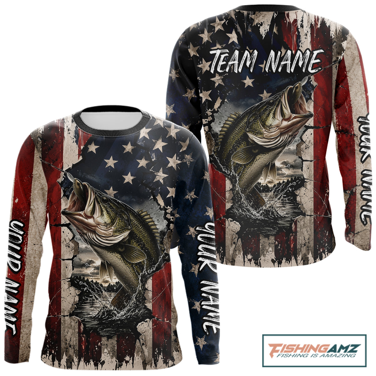 Bass Fishing 3D American Flag Patriotic Shirts Customize Bass Fishing Jerseys, Sun Protection Shirts NBT939