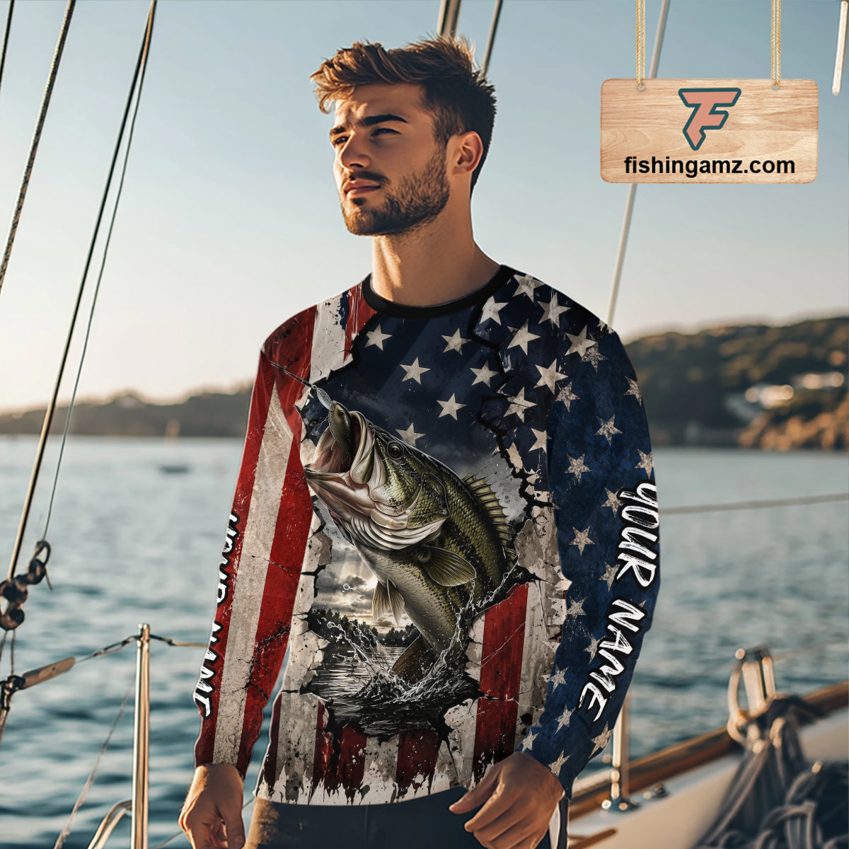 Bass Fishing 3D American Flag Patriotic Shirts Customize Bass Fishing Jerseys, Sun Protection Shirts NBT939