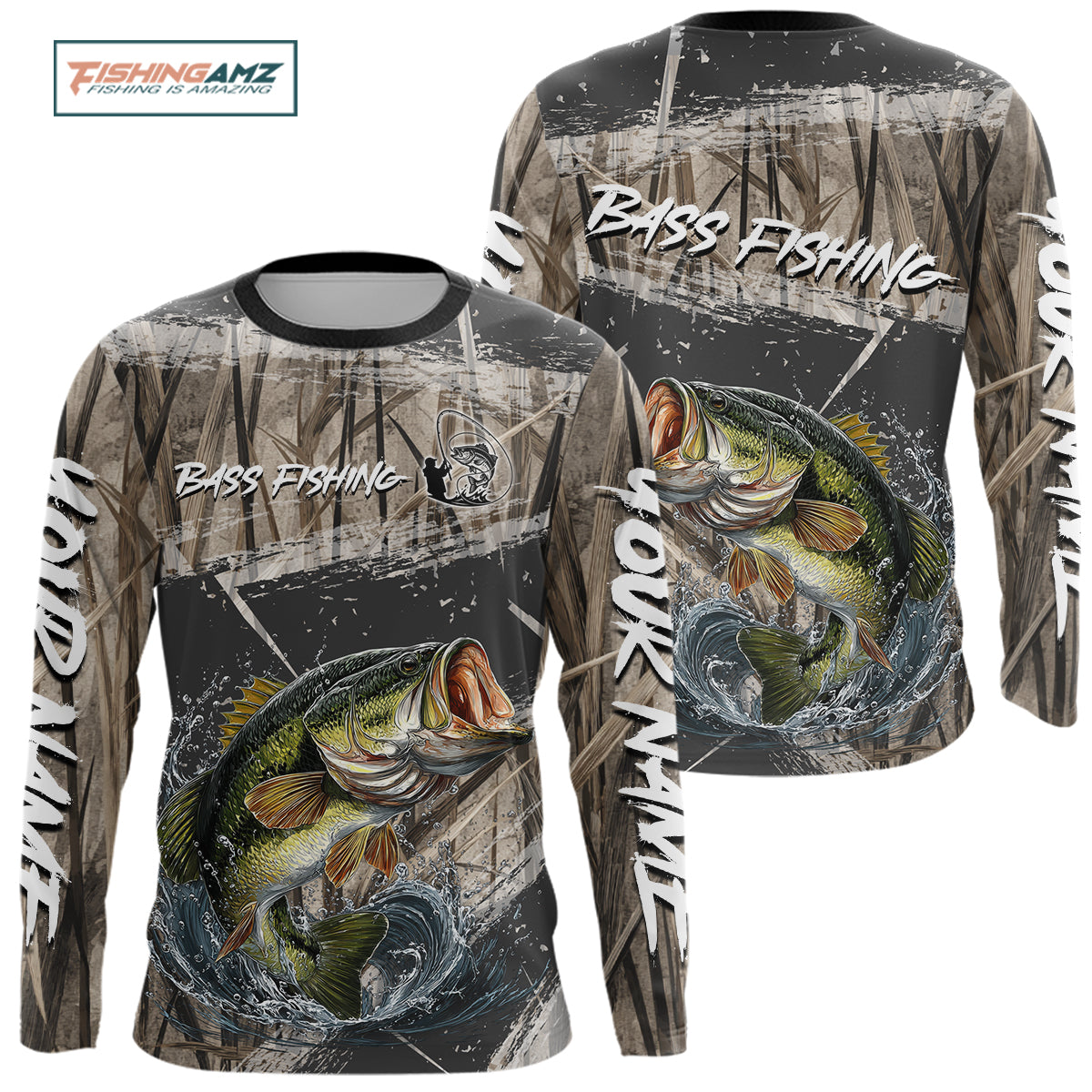 Largemouth Bass Grass Camo Custom Name Fishing Shirt, Bass Fishing Shirts For Men NBT354