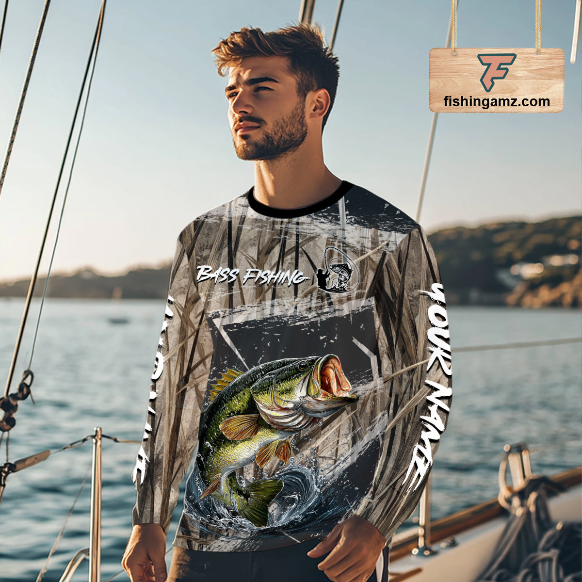 Largemouth Bass Grass Camo Custom Name Fishing Shirt, Bass Fishing Shirts For Men NBT354
