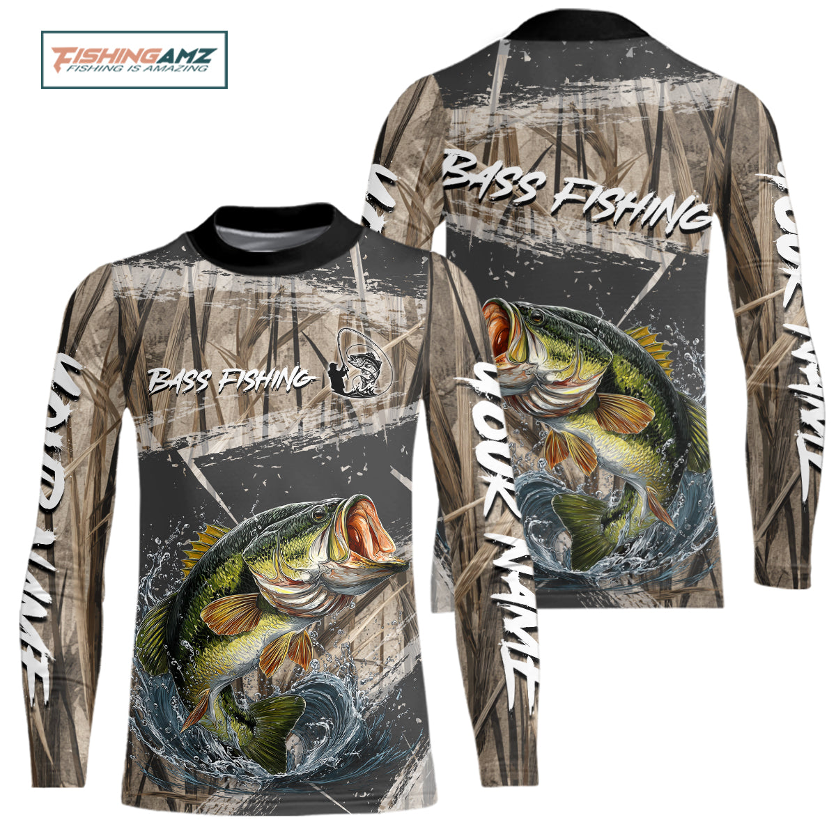 Largemouth Bass Youth Fishing Shirts Grass Camo Custom Name, Bass Fishing Shirts For Men NBT354