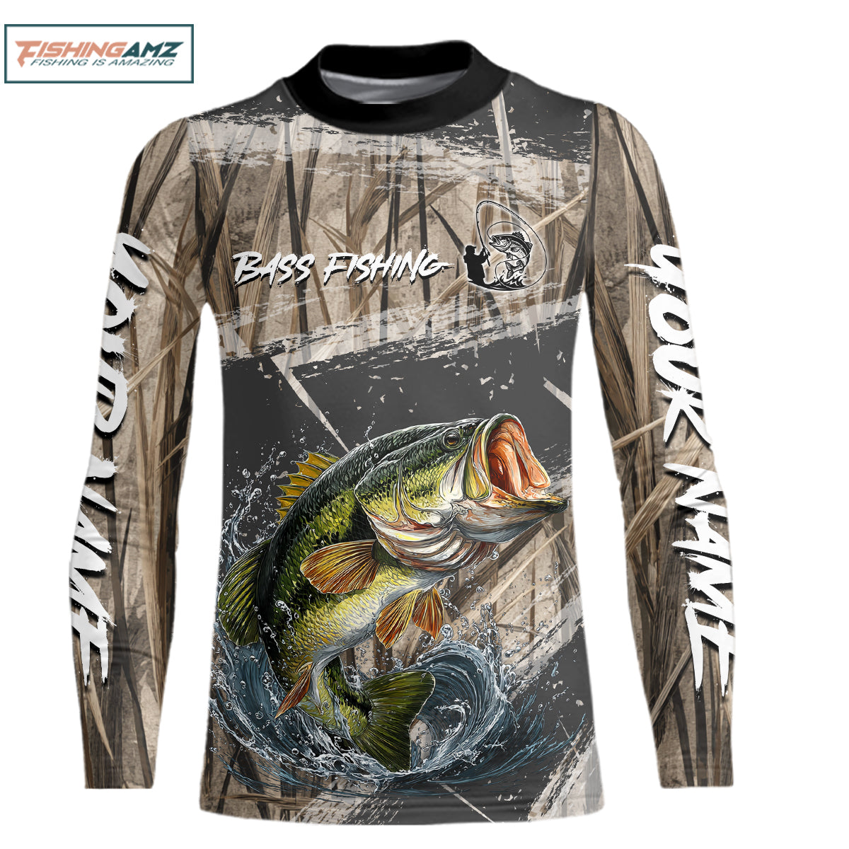Largemouth Bass Youth Fishing Shirts Grass Camo Custom Name, Bass Fishing Shirts For Men NBT354