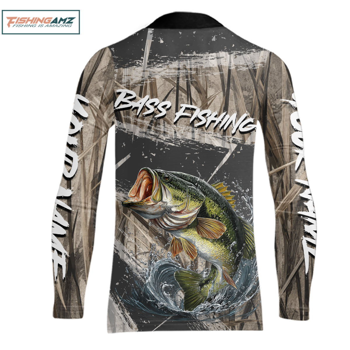 Largemouth Bass Youth Fishing Shirts Grass Camo Custom Name, Bass Fishing Shirts For Men NBT354