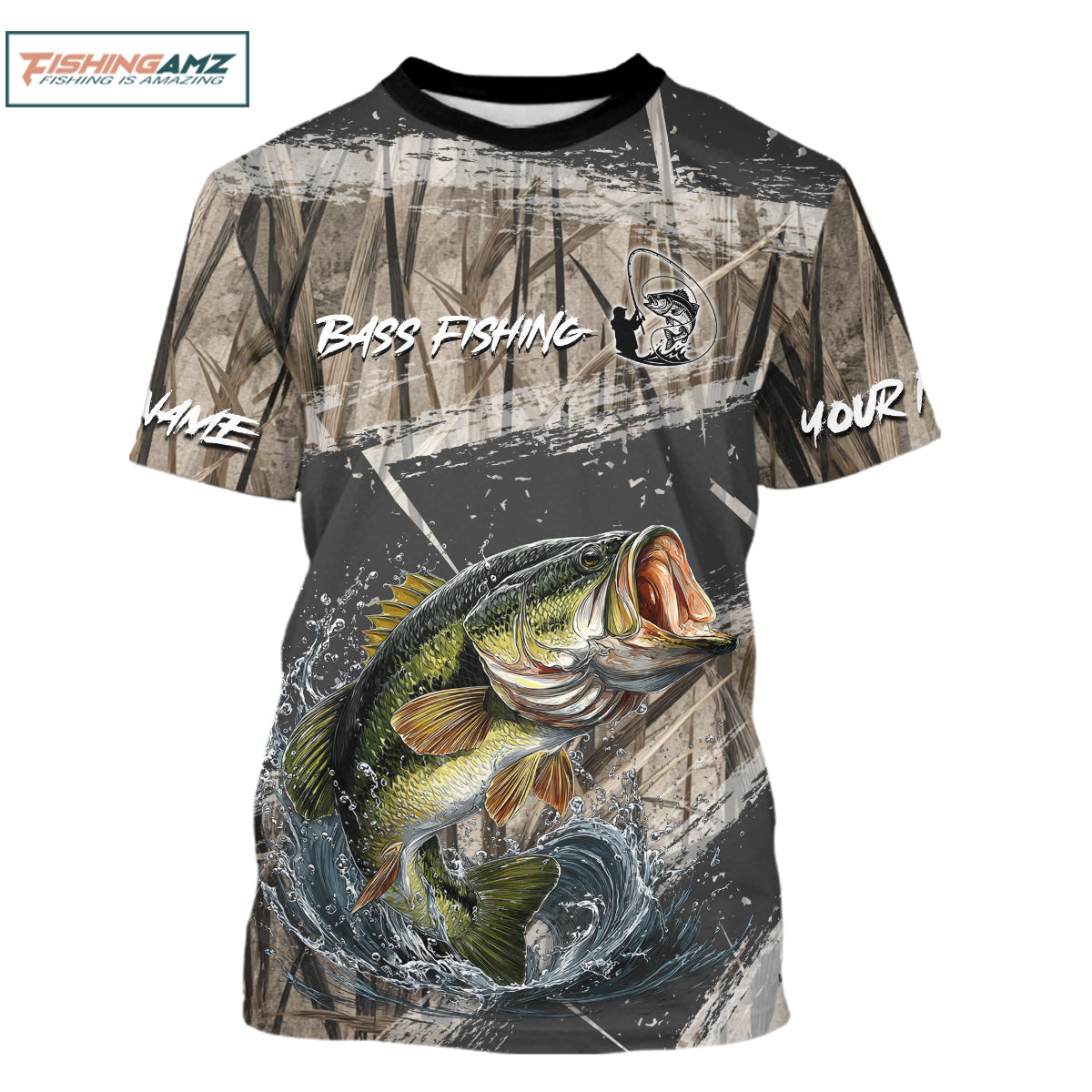 Largemouth Bass Grass Camo Custom Name Fishing Shirt, Bass Fishing Shirts For Men NBT354