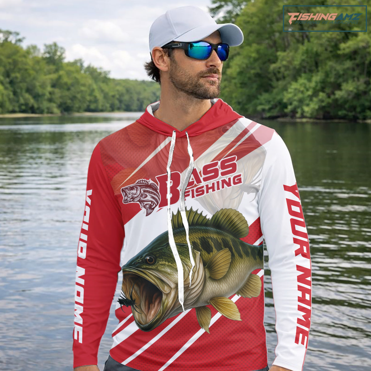 Custom Red Camo Largemouth Bass Fishing Jerseys, Bass Long Sleeve Hooded Tournament Fishing Shirts NBT1031