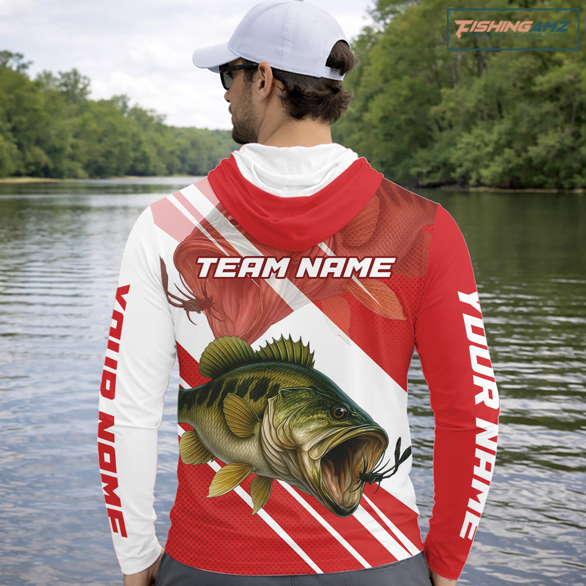 Custom Red Camo Largemouth Bass Fishing Jerseys, Bass Long Sleeve Hooded Tournament Fishing Shirts NBT1031