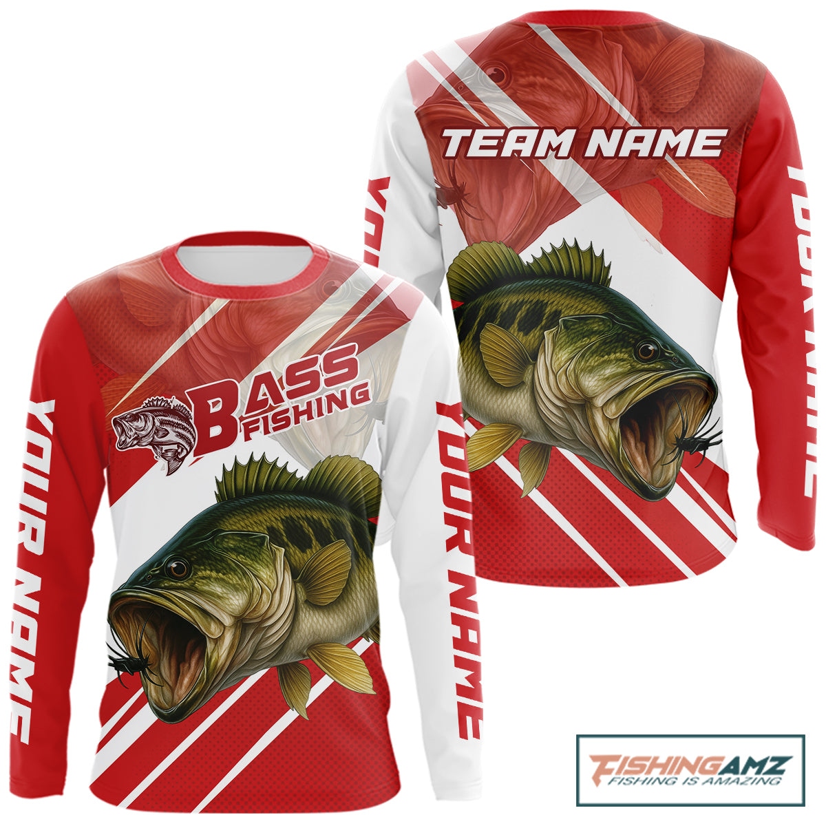Custom Red Camo Largemouth Bass Fishing Jerseys, Bass Long Sleeve Tournament Fishing Shirts NBT1031