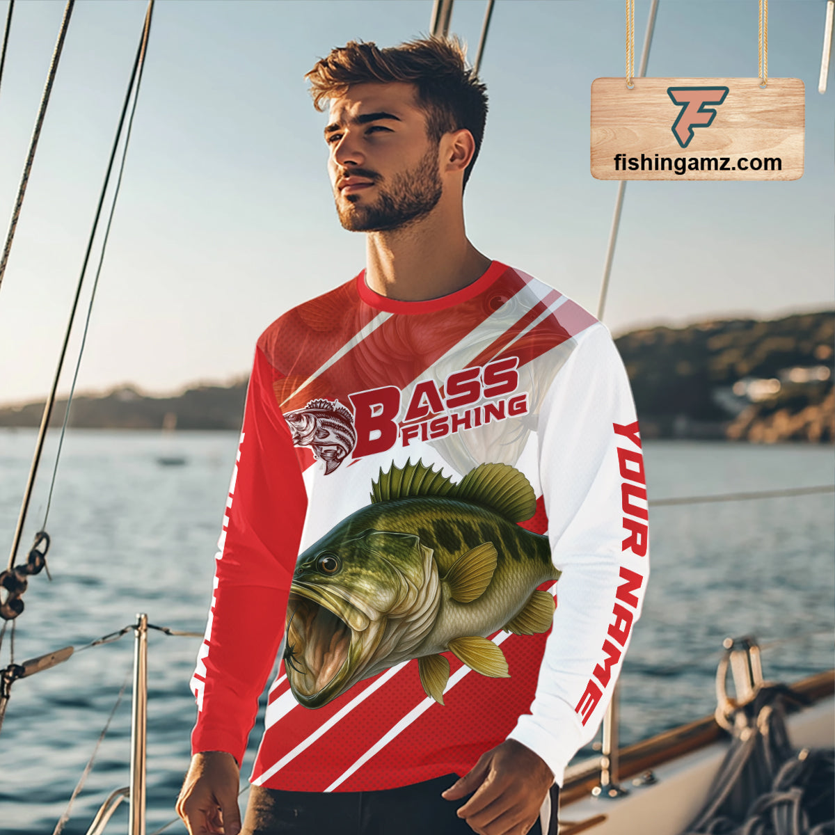 Custom Red Camo Largemouth Bass Fishing Jerseys, Bass Long Sleeve Tournament Fishing Shirts NBT1031