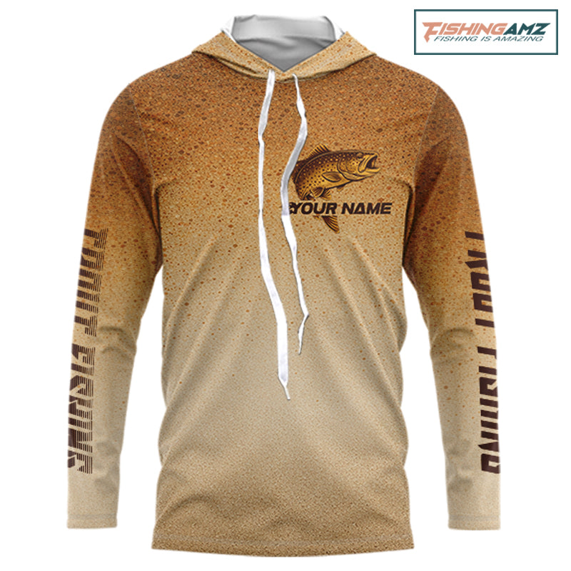 Brown Trout Fish Skin Long Sleeve Hooded Fishing Shirts Custom Name, Trout Fishing Shirts NBT402