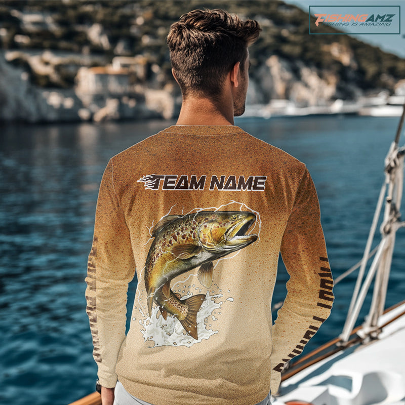 Brown Trout Fish Skin Long Sleeve Hooded Fishing Shirts Custom Name, Trout Fishing Shirts NBT402