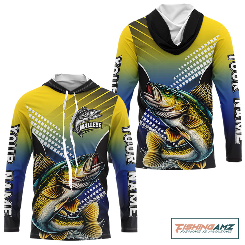 Walleye Long Sleeve Hooded Fishing Shirts Blue And Yellow Camo Custom Name, Walleye Fishing Shirts NBT439