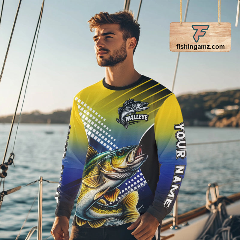 Walleye Fishing Shirts Long Sleeve Blue And Yellow Camo Custom Name, Walleye Fishing Shirts NBT439