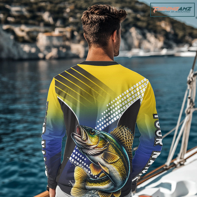 Walleye Fishing Shirts Long Sleeve Blue And Yellow Camo Custom Name, Walleye Fishing Shirts NBT439