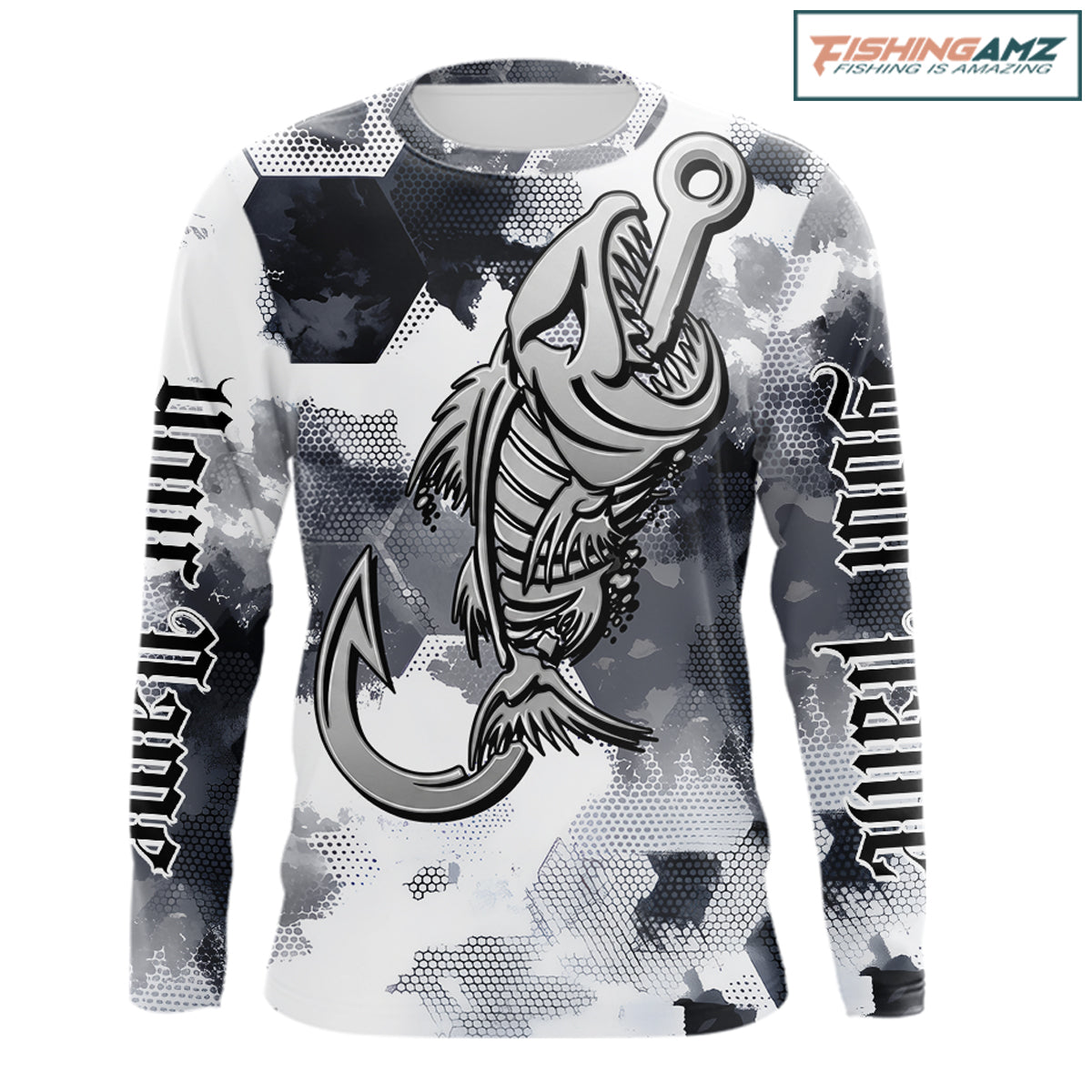 Front view of personalized fish skeleton fishing shirt for men with fish reaper skull design