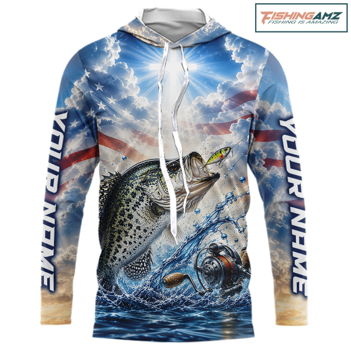 Custom Faith Crappie American Flag Patriotic Long Sleeve Hooded Fishing Shirt, US Fishing Jerseys NBT947