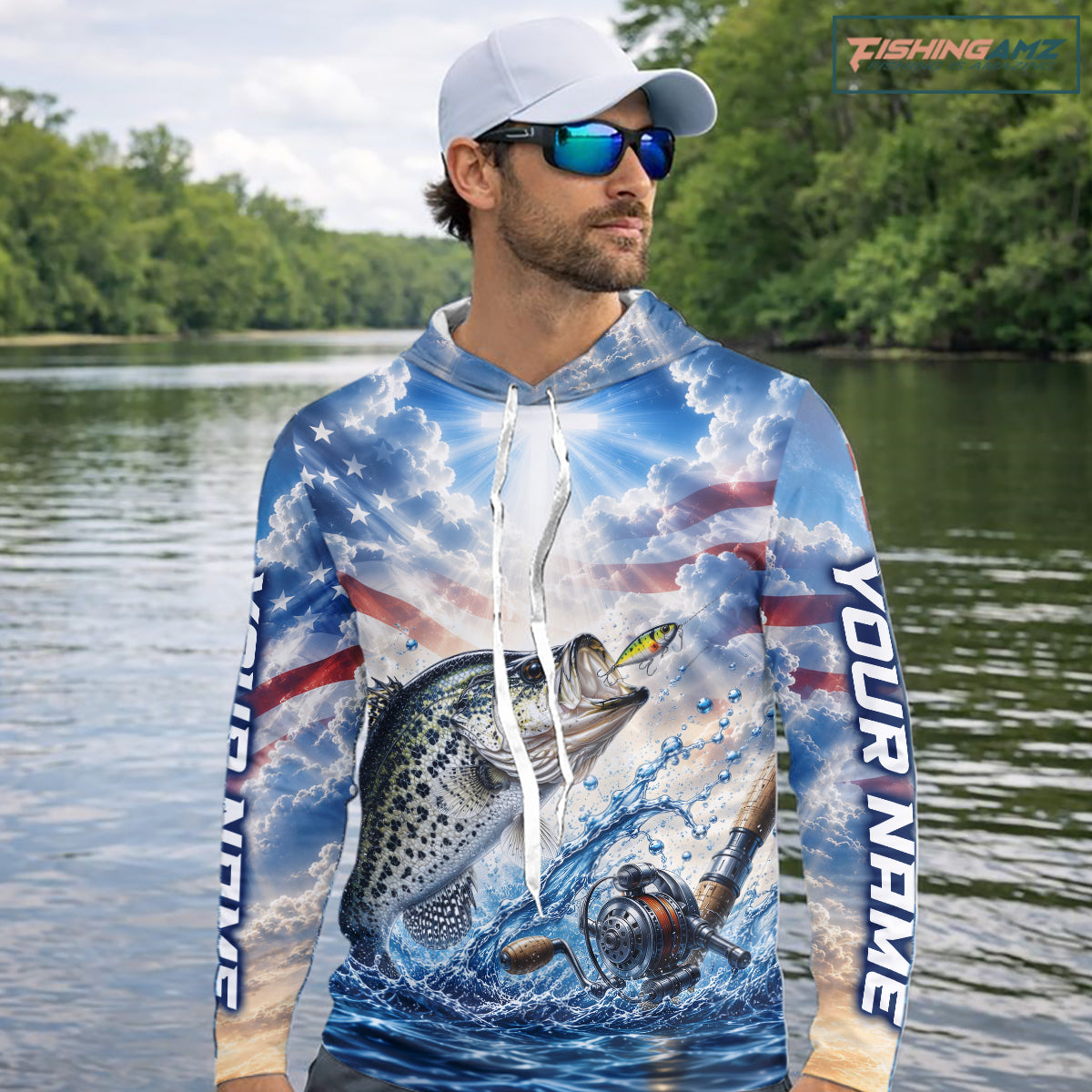 Custom Faith Crappie American Flag Patriotic Long Sleeve Hooded Fishing Shirt, US Fishing Jerseys NBT947