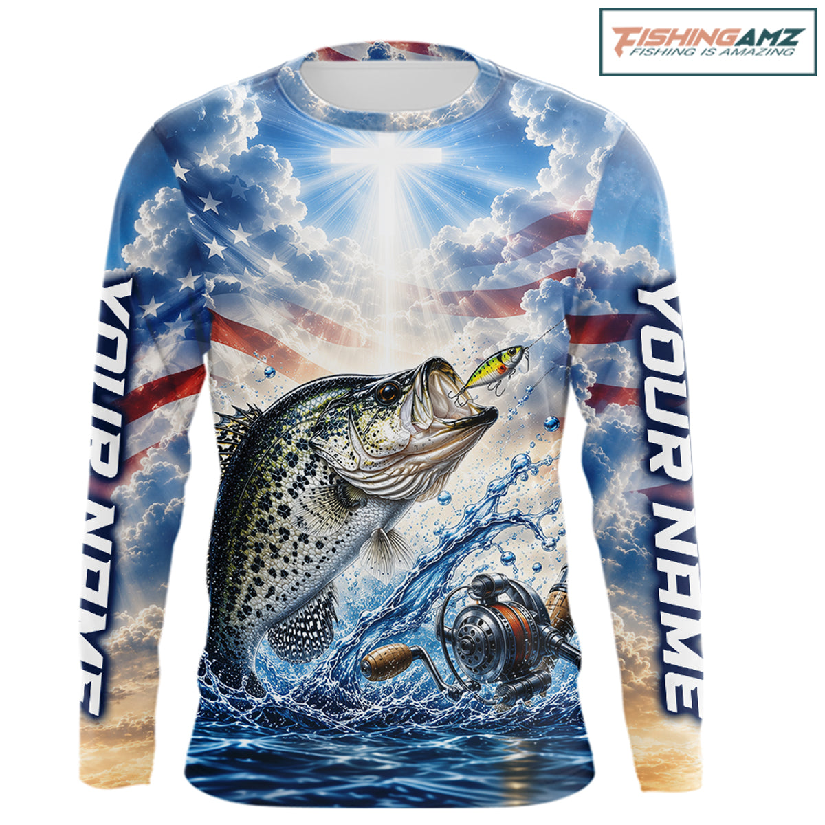 Custom Faith Crappie American Flag Patriotic Fishing Shirt Long Sleeve, US Fishing Jerseys NBT947