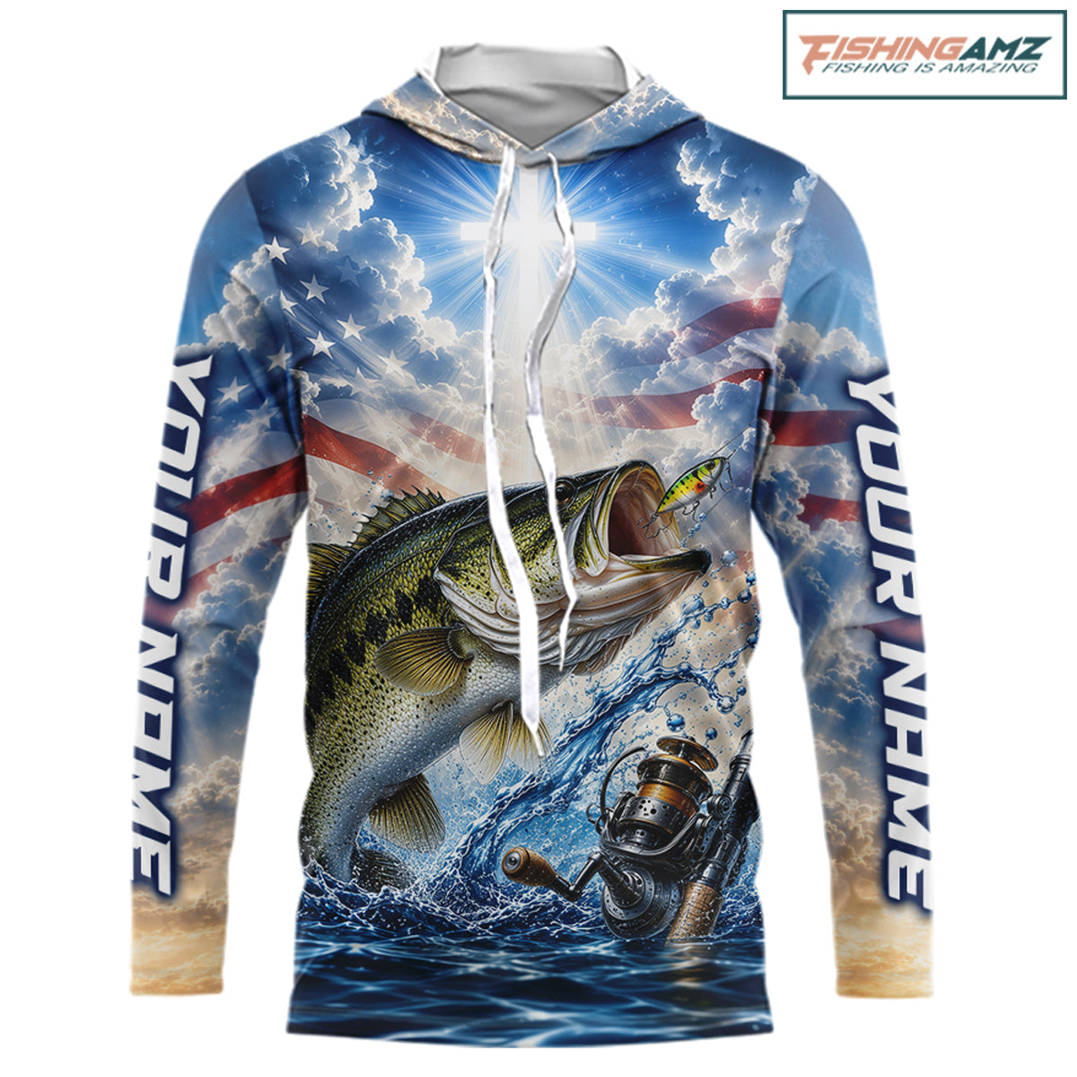Custom Faith Largemouth Bass American Flag Patriotic Long Sleeve Hooded Fishing Shirt, US Fishing Jerseys NBT948