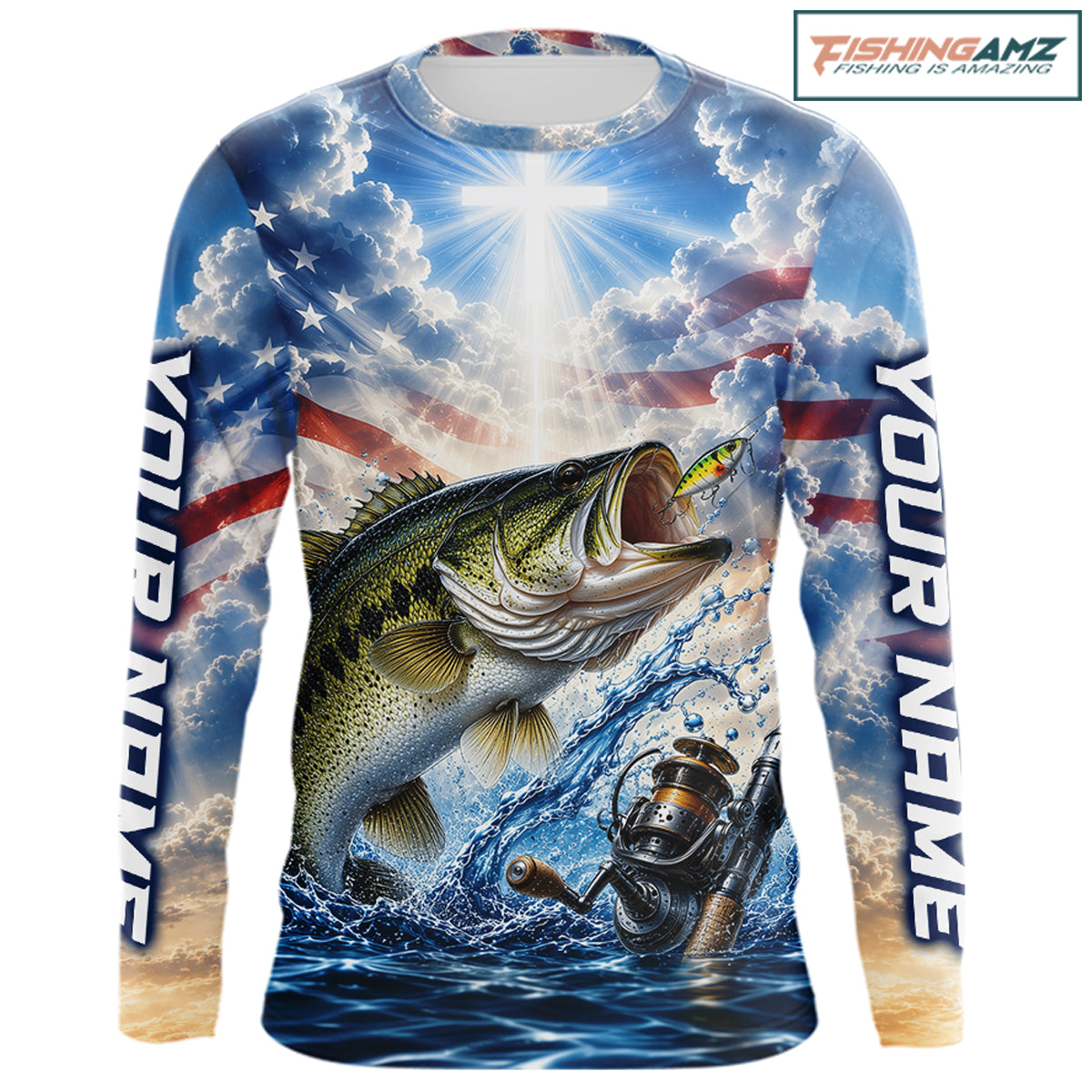Custom Faith Largemouth Bass American Flag Patriotic Fishing Shirt Long Sleeve, US Fishing Jerseys NBT948