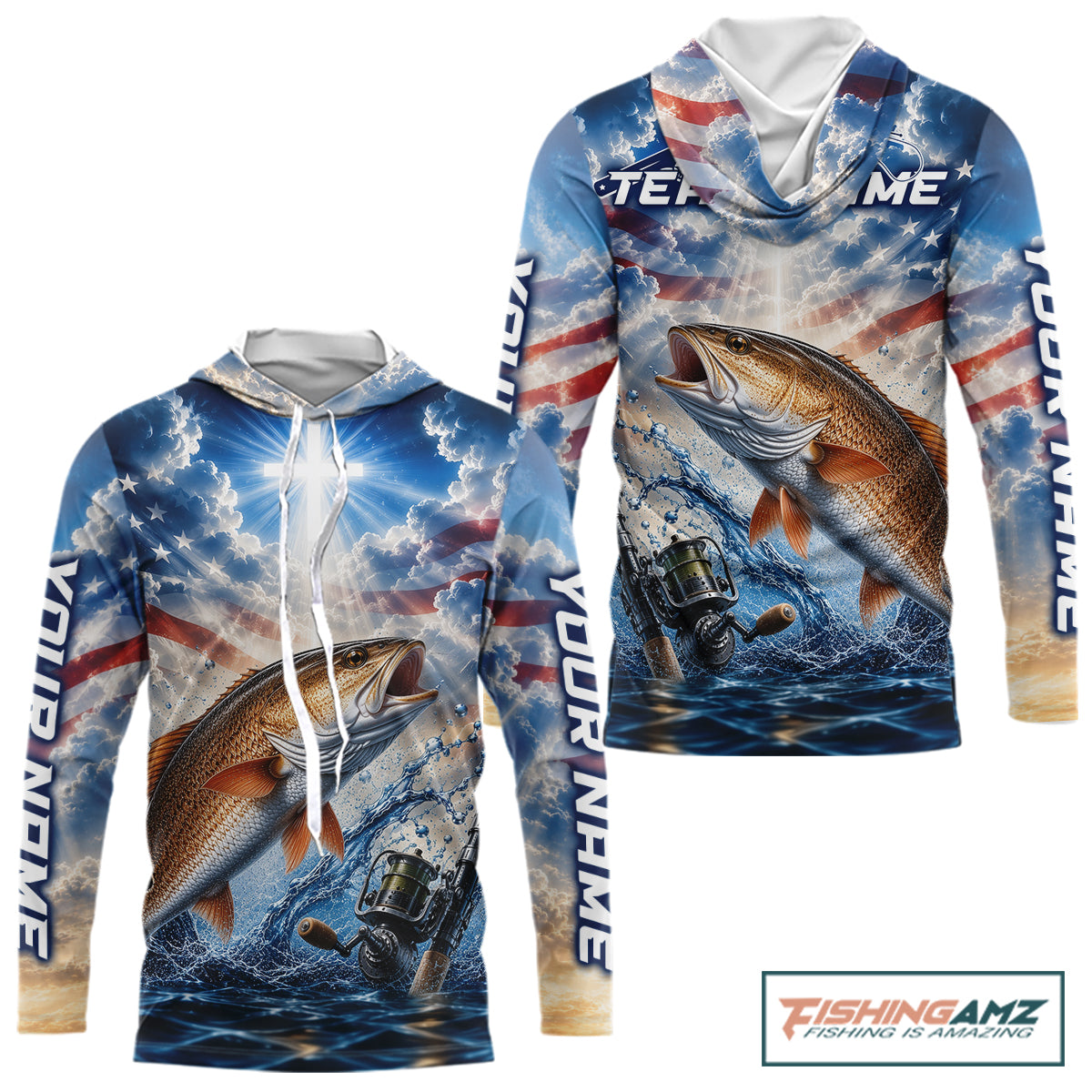 Custom Faith Redfish American Flag Patriotic Long Sleeve Hooded Fishing Shirt, US Fishing Jerseys NBT949