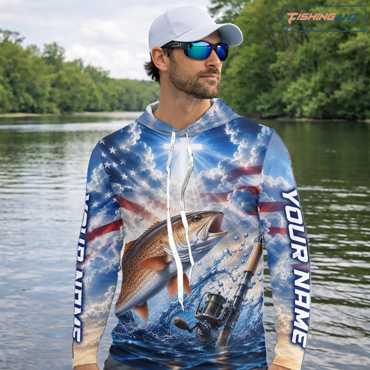 Custom Faith Redfish American Flag Patriotic Long Sleeve Hooded Fishing Shirt, US Fishing Jerseys NBT949