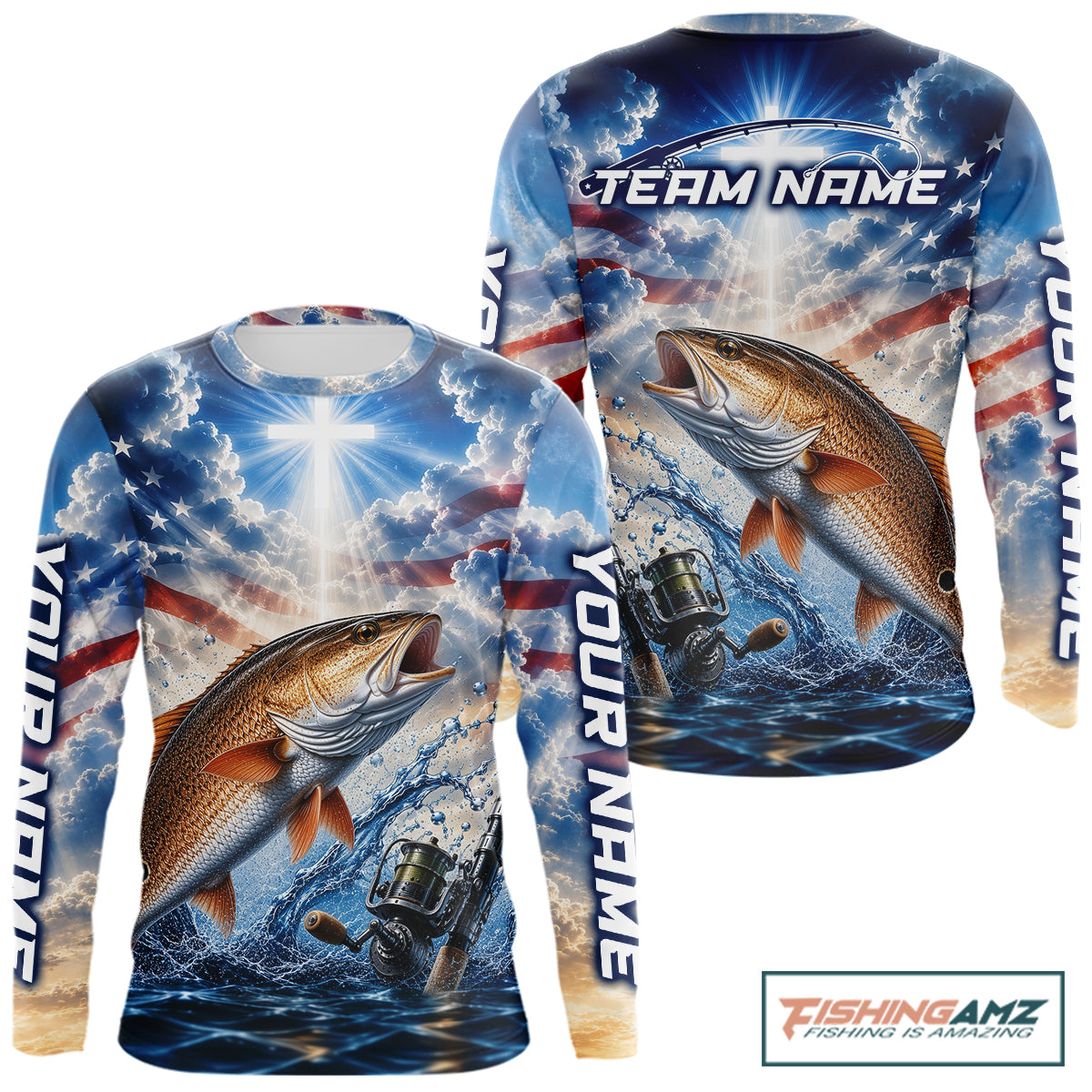 Custom Faith Redfish American Flag Patriotic Fishing Shirt Long Sleeve, US Fishing Jerseys NBT949