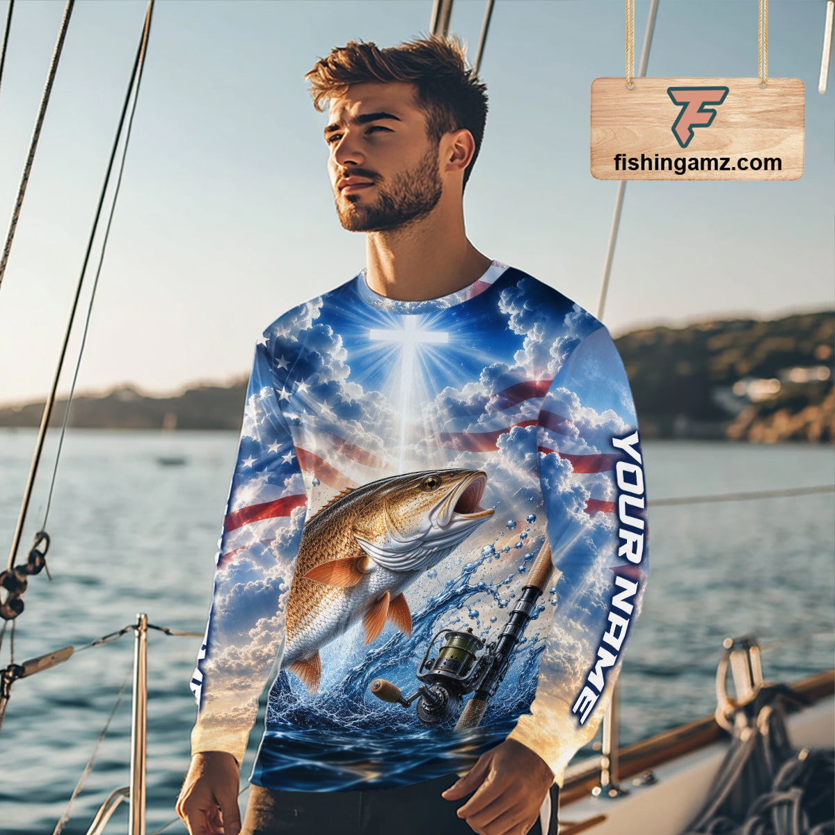 Custom Faith Redfish American Flag Patriotic Fishing Shirt Long Sleeve, US Fishing Jerseys NBT949