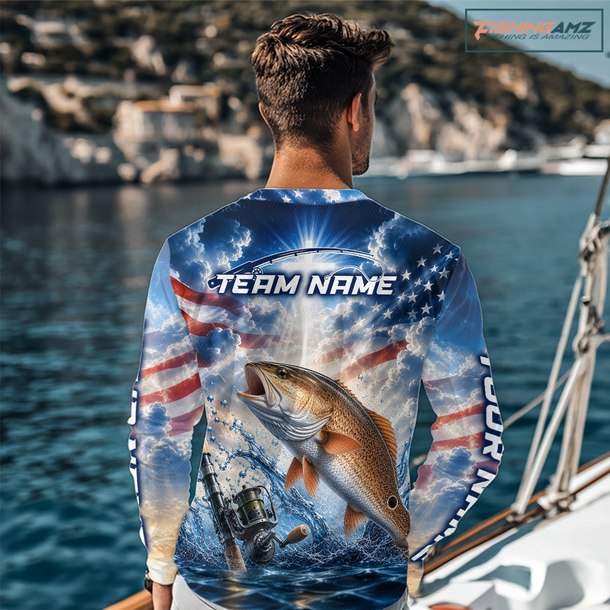 Custom Faith Redfish American Flag Patriotic Fishing Shirt Long Sleeve, US Fishing Jerseys NBT949