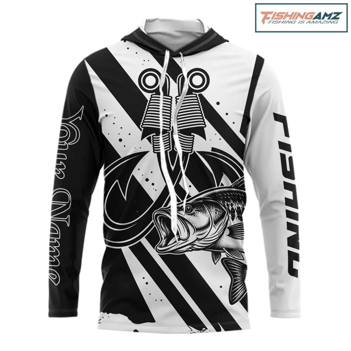 Front view of black and white largemouth bass long sleeve fishing shirt with sun protection