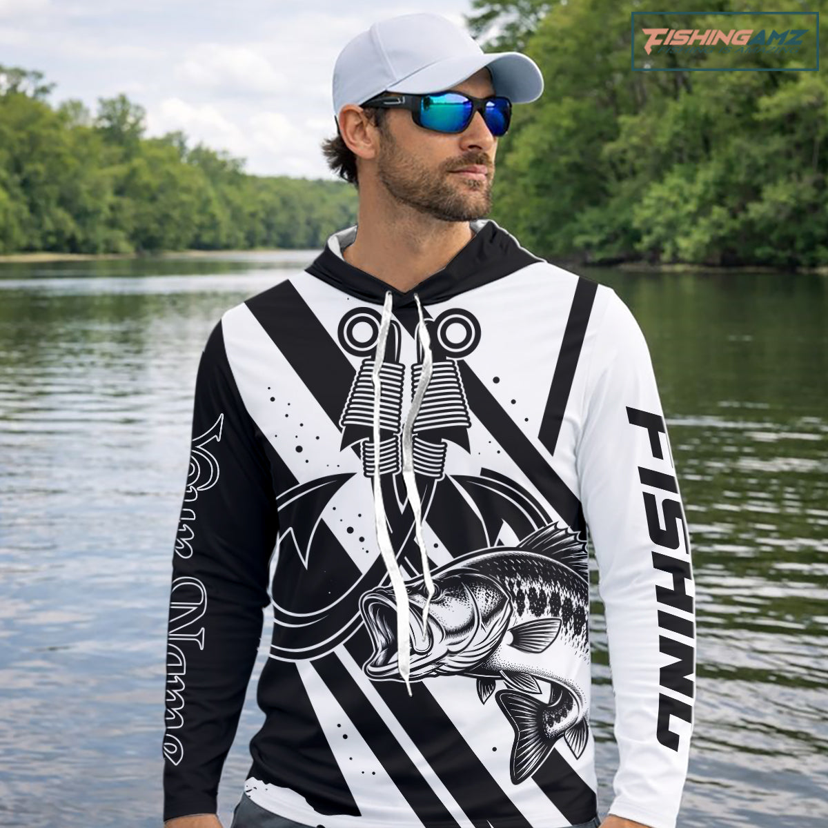 Angler wearing black and white largemouth bass long sleeve hooded fishing shirt