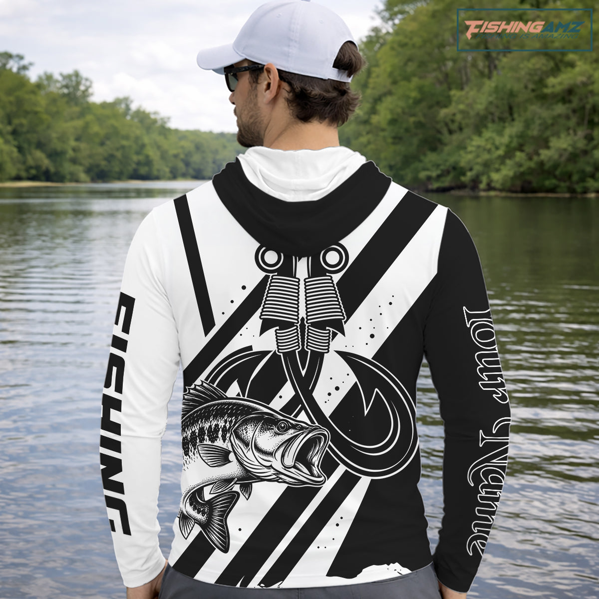 Angler wearing black and white largemouth bass long sleeve hooded fishing shirt with custom name on the sleeve