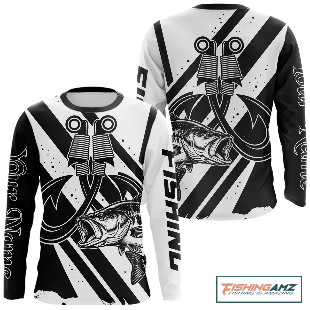 Black And White Largemouth Bass Long Sleeve Fishing Shirt, Sun Protection Bass Fishing Jerseys NBT805