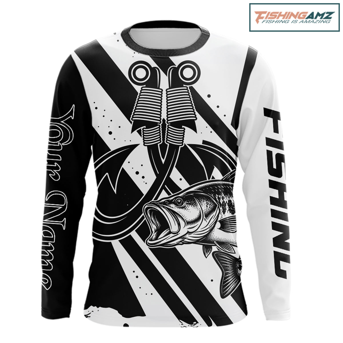 Black And White Largemouth Bass Long Sleeve Fishing Shirt, Sun Protection Bass Fishing Jerseys NBT805