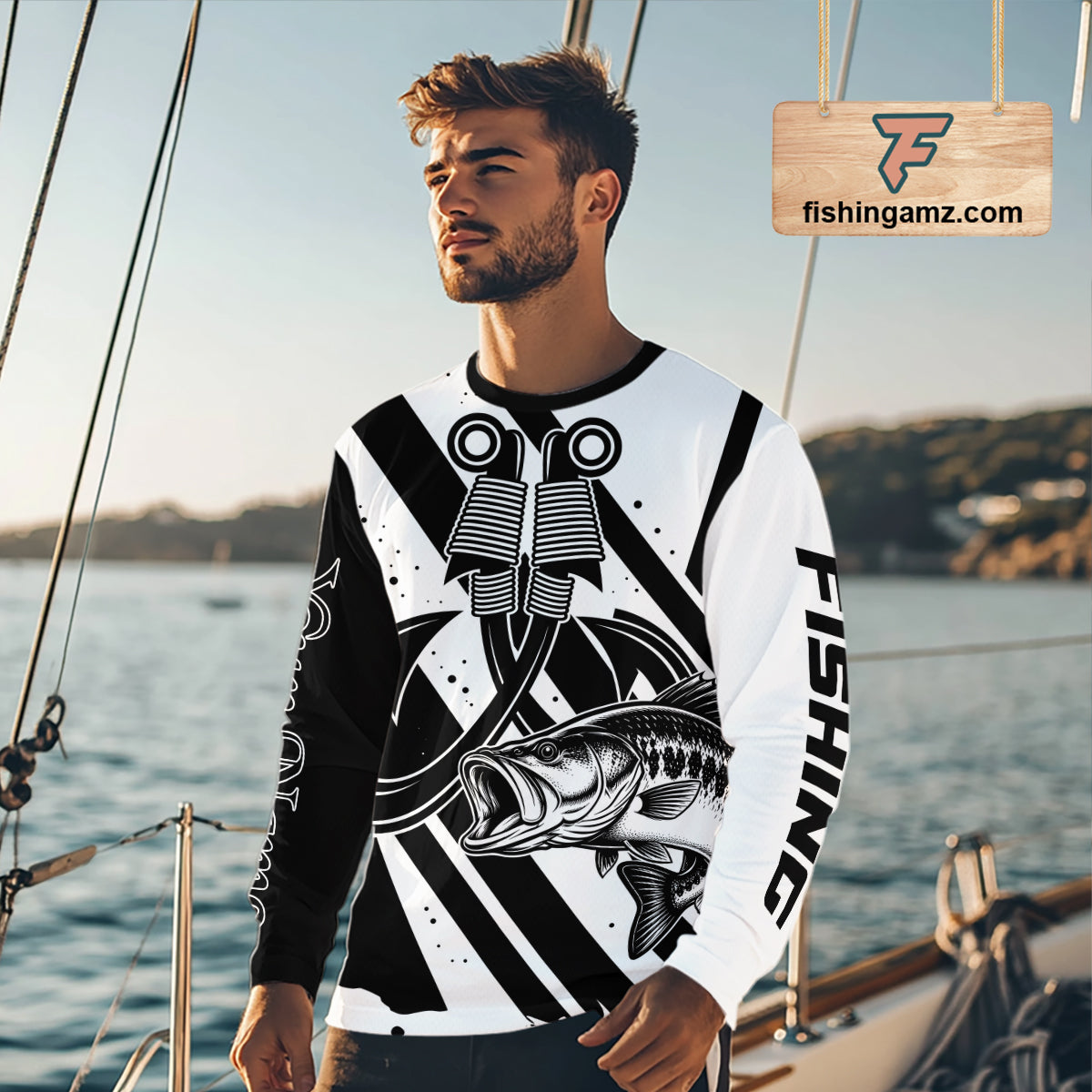Black And White Largemouth Bass Long Sleeve Fishing Shirt, Sun Protection Bass Fishing Jerseys NBT805