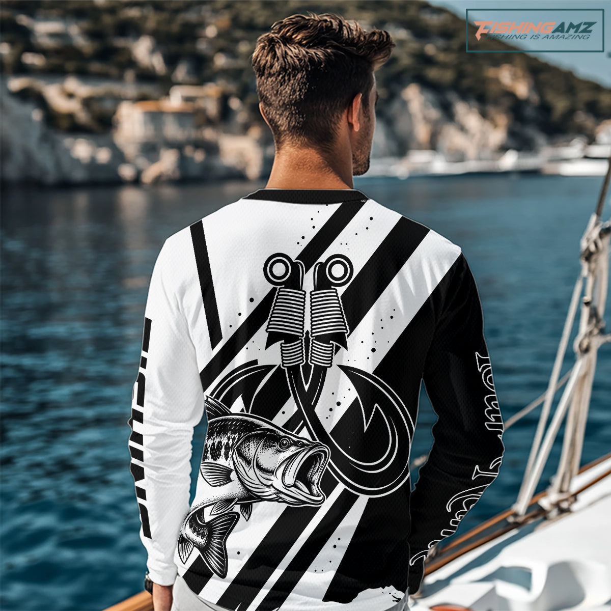 Black And White Largemouth Bass Long Sleeve Fishing Shirt, Sun Protection Bass Fishing Jerseys NBT805