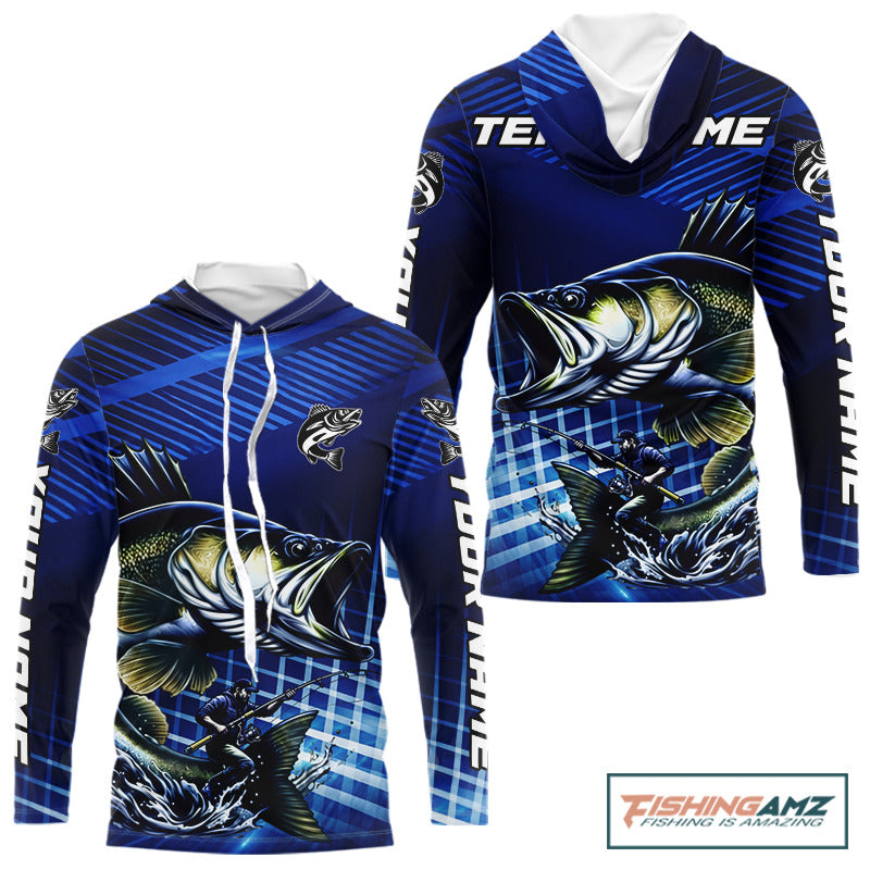 Blue Camo Walleye Custom Long Sleeve Hooded Fishing Shirts, Walleye Fishing Shirts NBT446
