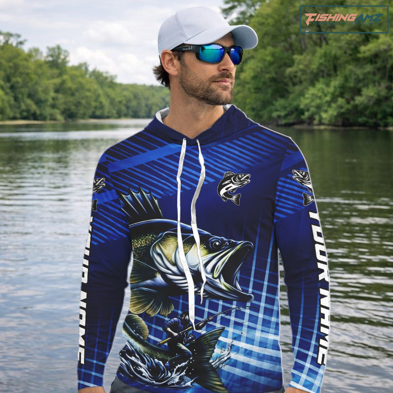 Blue Camo Walleye Custom Long Sleeve Hooded Fishing Shirts, Walleye Fishing Shirts NBT446