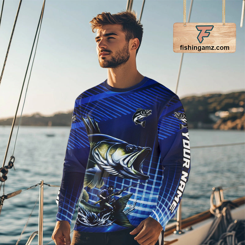 Blue Camo Walleye Custom Fishing Shirts Long Sleeve, Walleye Fishing Shirts NBT446