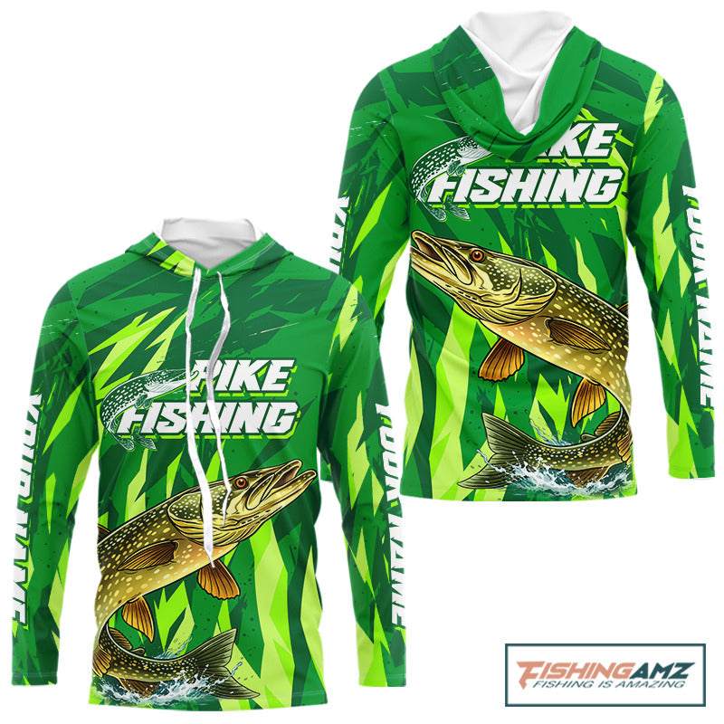 Pike Fishing Shirts Long Sleeve Hooded Green Camo Custom Name, Pike Fishing Jerseys For Men NBT408