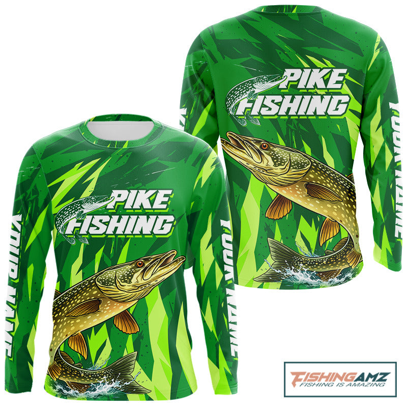 Pike Fishing Shirts Long Sleeve Green Camo Custom Name, Pike Fishing Jerseys For Men NBT408