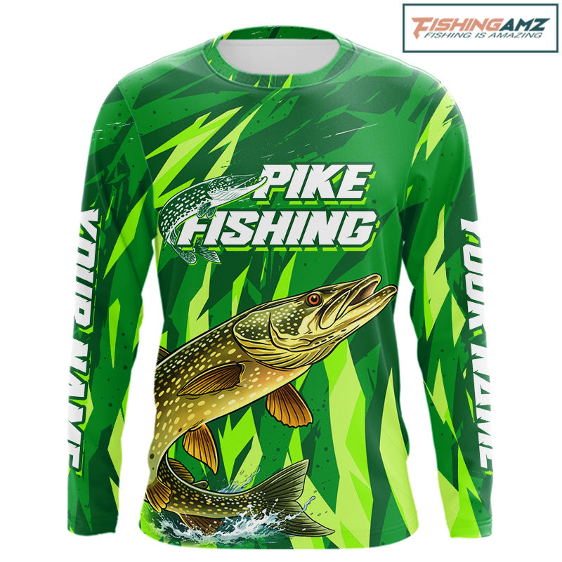 Pike Fishing Shirts Long Sleeve Green Camo Custom Name, Pike Fishing Jerseys For Men NBT408