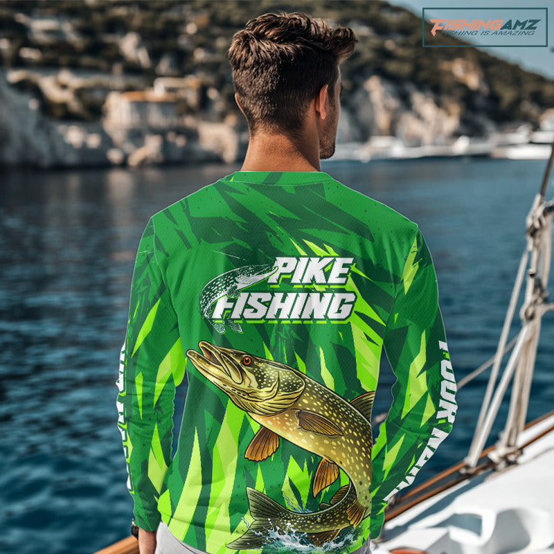 Pike Fishing Shirts Long Sleeve Green Camo Custom Name, Pike Fishing Jerseys For Men NBT408