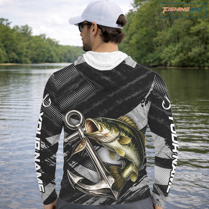 Personalized Bass Long Sleeve Hooded Fishing Shirts Anchor Vector Custom Name Black Camo, Bass Fishing Shirts NBT472