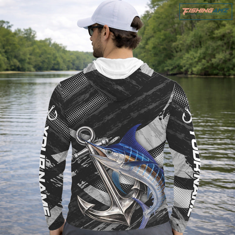 Personalized Marlin Long Sleeve Hooded Fishing Shirts  Anchor Vector Custom Name Black Camo, Saltwater Fishing Shirts NBT473