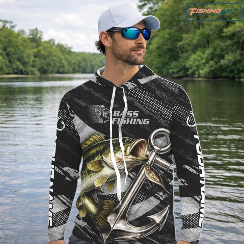 Personalized Bass Long Sleeve Hooded Fishing Shirts Anchor Vector Custom Name Black Camo, Bass Fishing Shirts NBT472