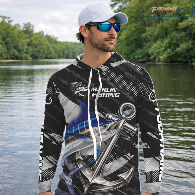 Personalized Marlin Long Sleeve Hooded Fishing Shirts  Anchor Vector Custom Name Black Camo, Saltwater Fishing Shirts NBT473